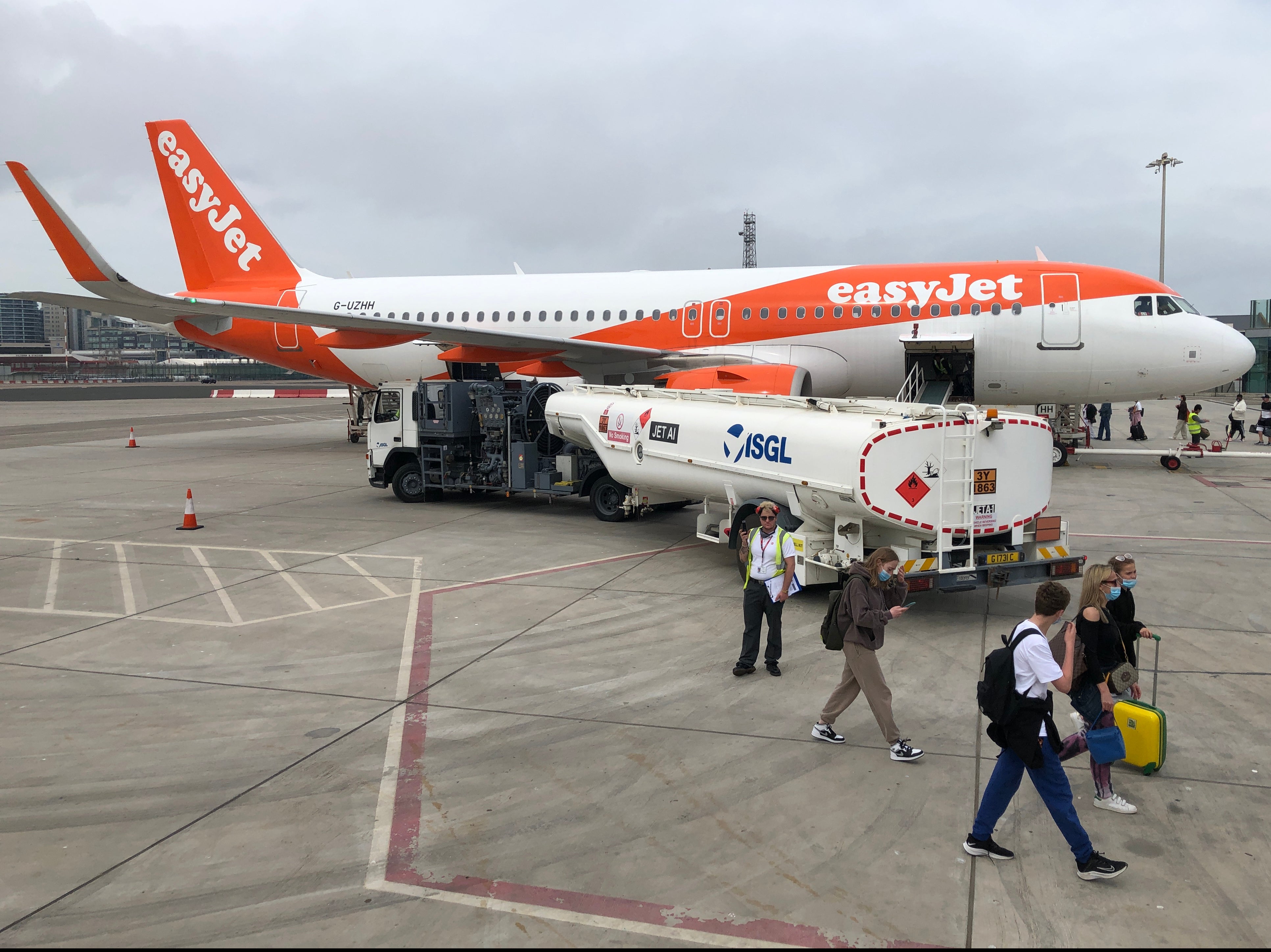 Rare sight: an easyJet Airbus at Gibraltar airport, one of the very few locations from which quarantine is not required