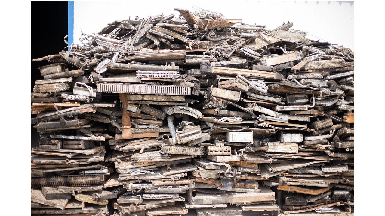 A stack of radiators waiting to be recycled