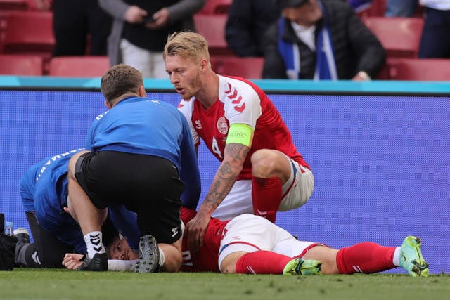 <p>Denmark captain Simon Kjaer was among the first people to attend to Eriksen after his collapse during Euro 2020 </p>