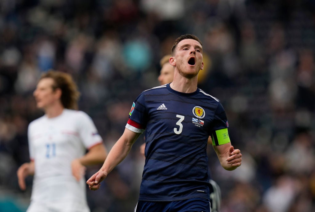 Andy Robertson of Scotland reacts at Hampden Park