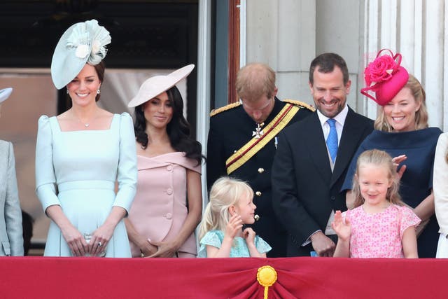 <p>(L to R) Kate Middleton, Meghan Markle, Prince Harry, Peter Phillips, Autumn Phillips, Savannah and Isla Phillips</p>