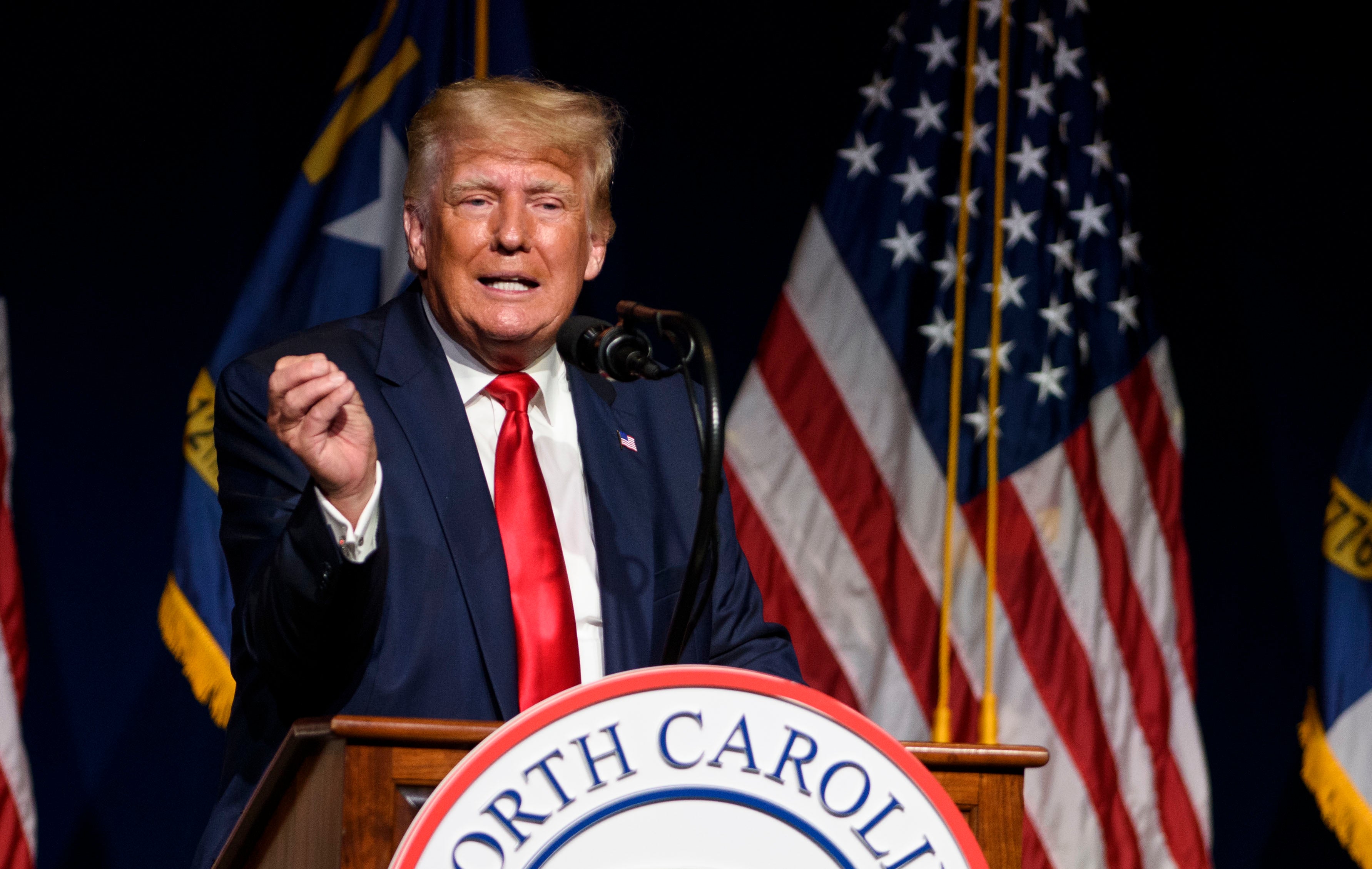 Former US President Donald Trump addresses the NCGOP state convention on June 5, 2021 in Greenville, North Carolina.