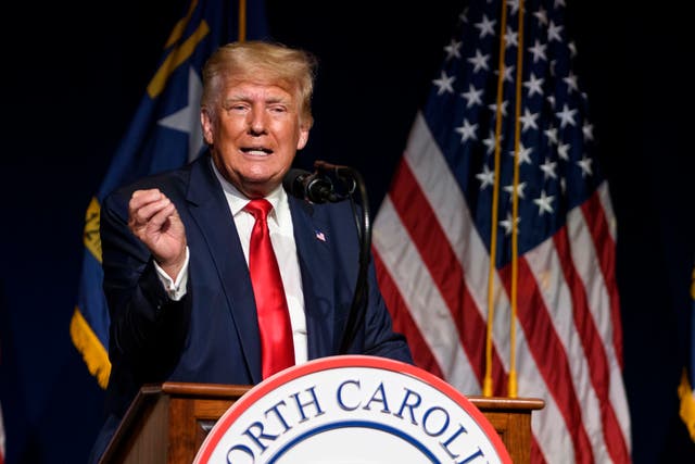 <p>Former US President Donald Trump addresses the NCGOP state convention on June 5, 2021 in Greenville, North Carolina. </p>