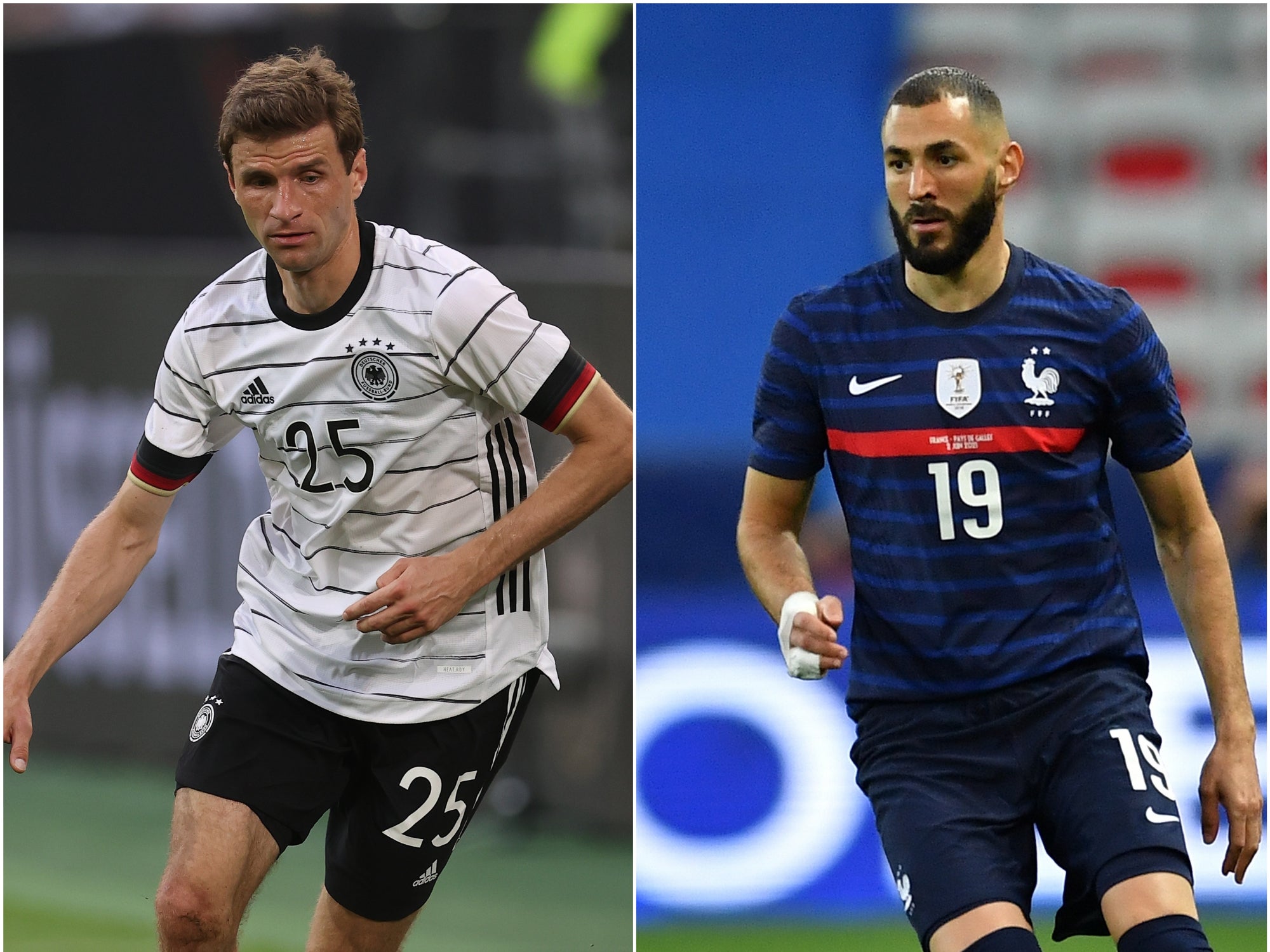 <p>Thomas Muller (left) and Karim Benzema</p>