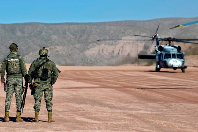 <p>Members of the Mexican Navy are seen upon the landing of an Air Force helicopter at La Mora ranch, in Bavispe, Sonora state, Mexico, on January 11, 2020.  </p>