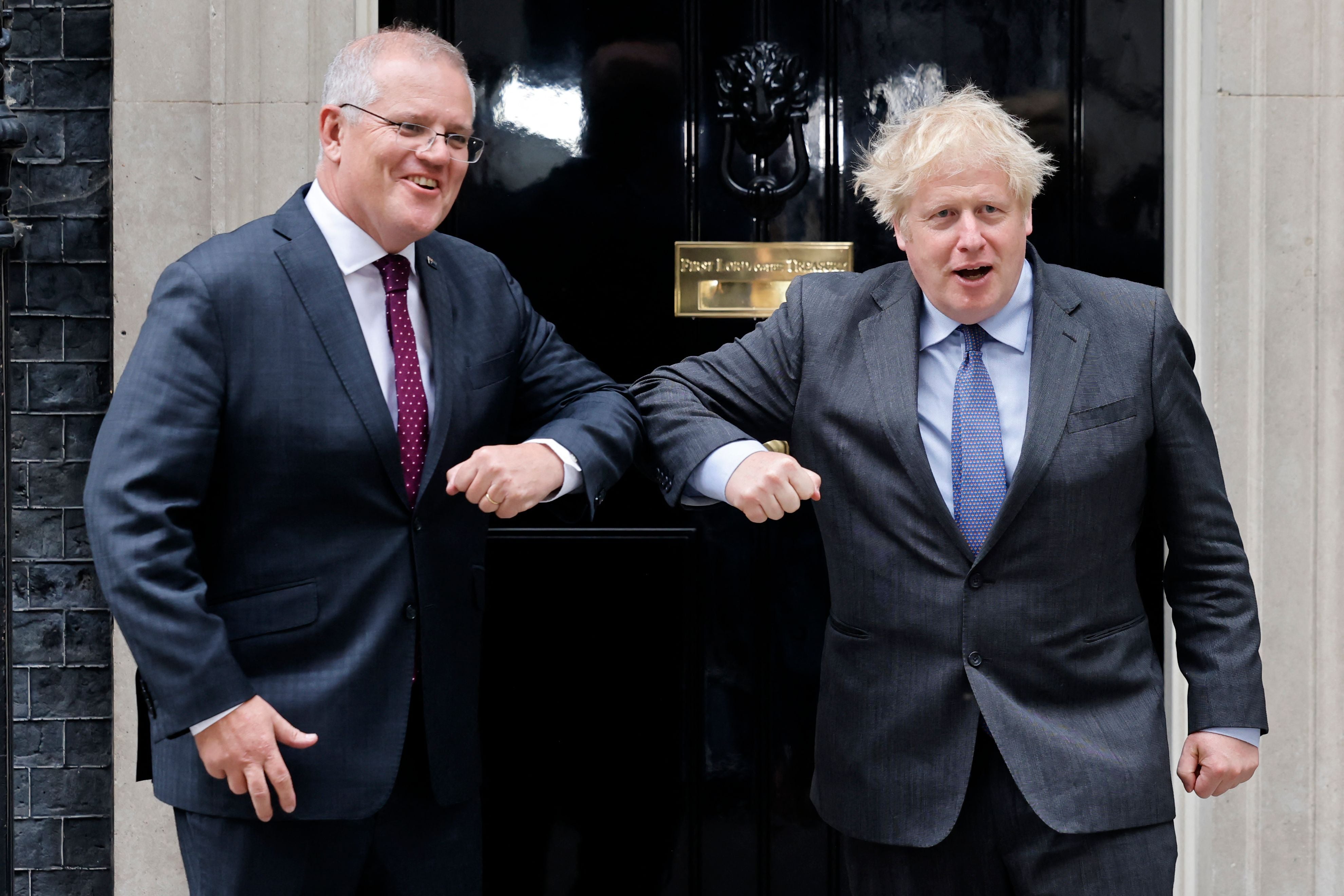 Boris Johnson greets Scott Morrison at 10 Downing Street on Monday