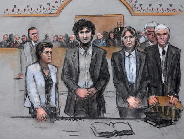 <p>File image: In this 15 May, 2015 file courtroom sketch by Jane Flavell Collins, Boston Marathon bomber Dzhokhar Tsarnaev, centre, stands with his defence attorneys as a death by lethal injection sentence is read at the Moakley Federal court house in the penalty phase of his trial in Boston</p>