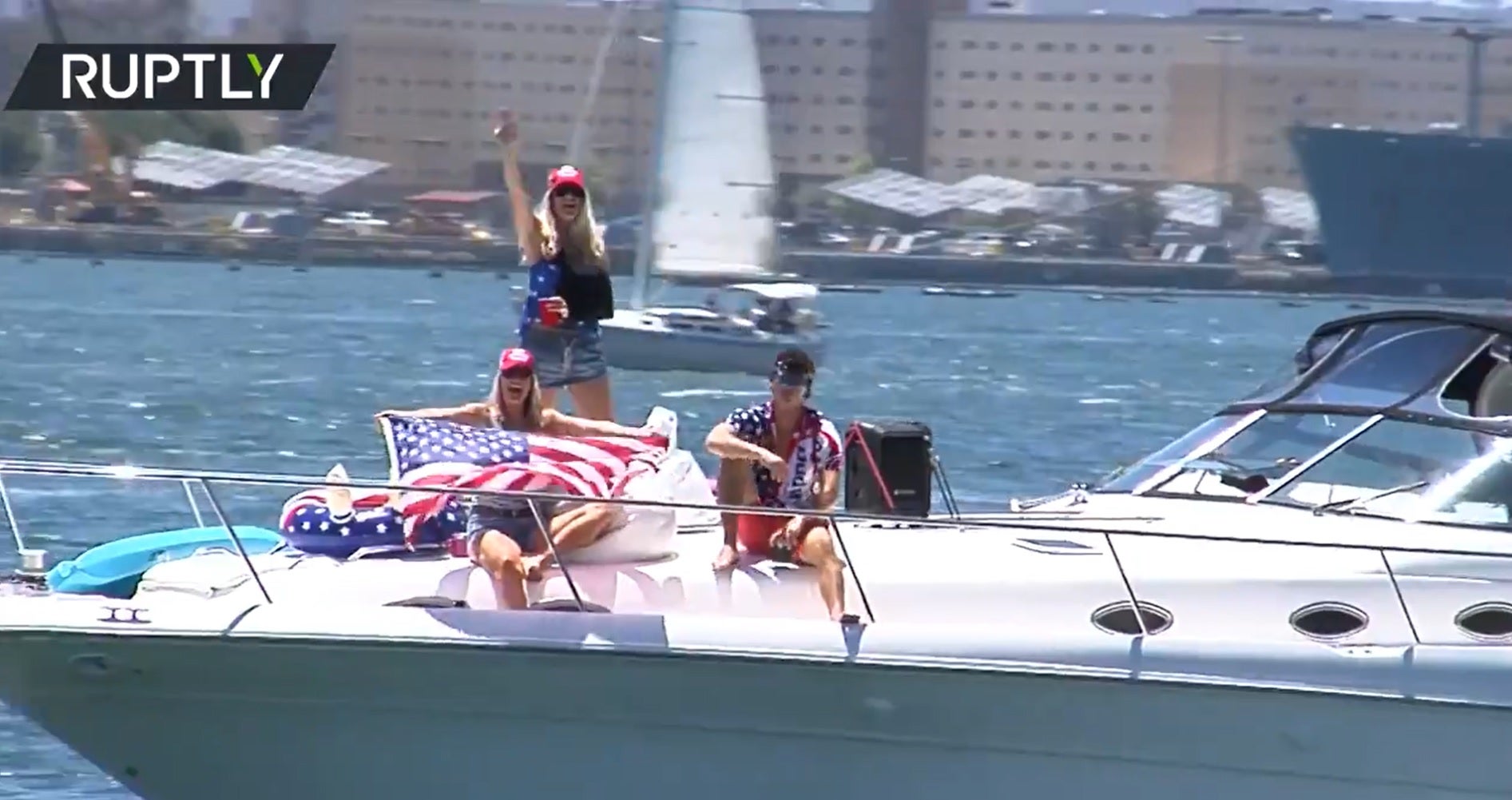 Supporters of former President Donald Trump celebrating his 75th birthday during a ‘Trumparilla MAGA Fest’ boat parade in San Diego on 13 June 2021