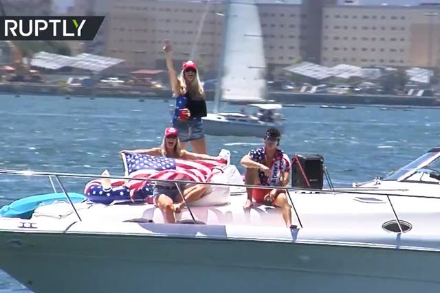 <p>Supporters of former President Donald Trump celebrating his 75th birthday during a ‘Trumparilla MAGA Fest’ boat parade in San Diego on 13 June 2021</p>