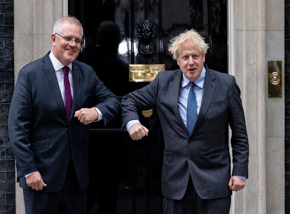 <p>Boris Johnson welcomes Australian prime minister Scott Morrison to 10 Downing Street for talks on Monday</p>