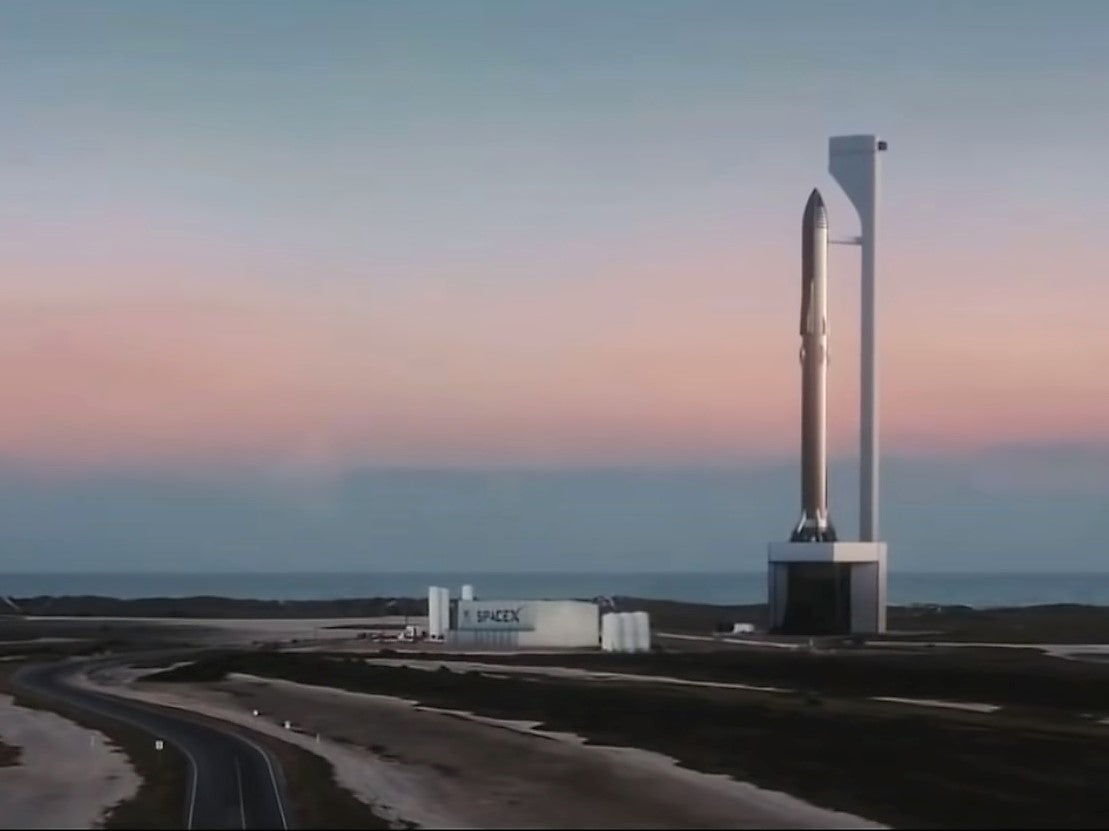 A mock-up of how a Starship launch tower might look on the Texas coast