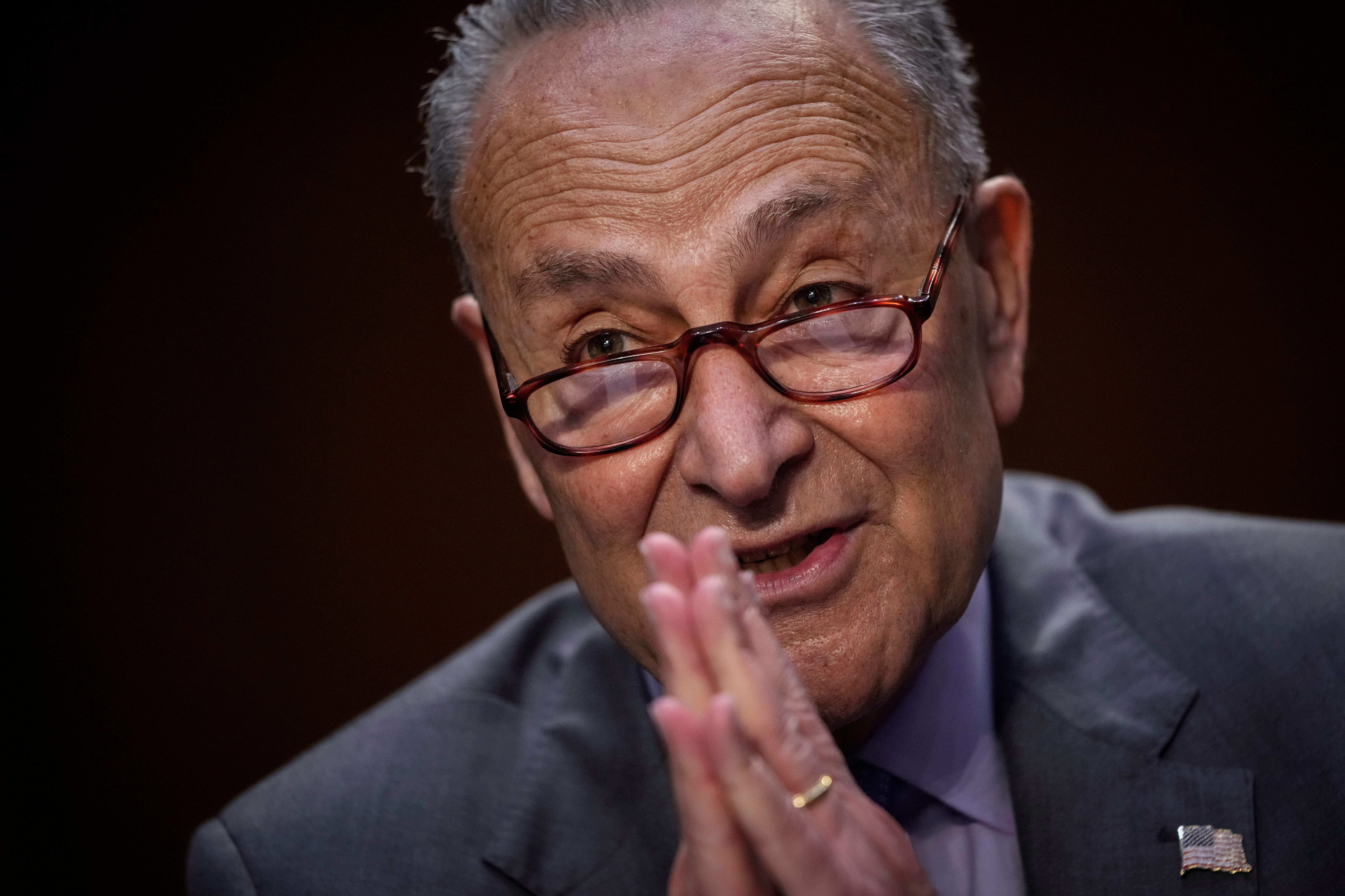 Senate Majority Leader Chuck Schumer (D-NY) speaks during a Senate Judiciary Committee hearing on judicial nominations on 9 June, 2021 in Washington, DC. Mr Schumer has apologised after using an outmoded term to describe children with disabilities.