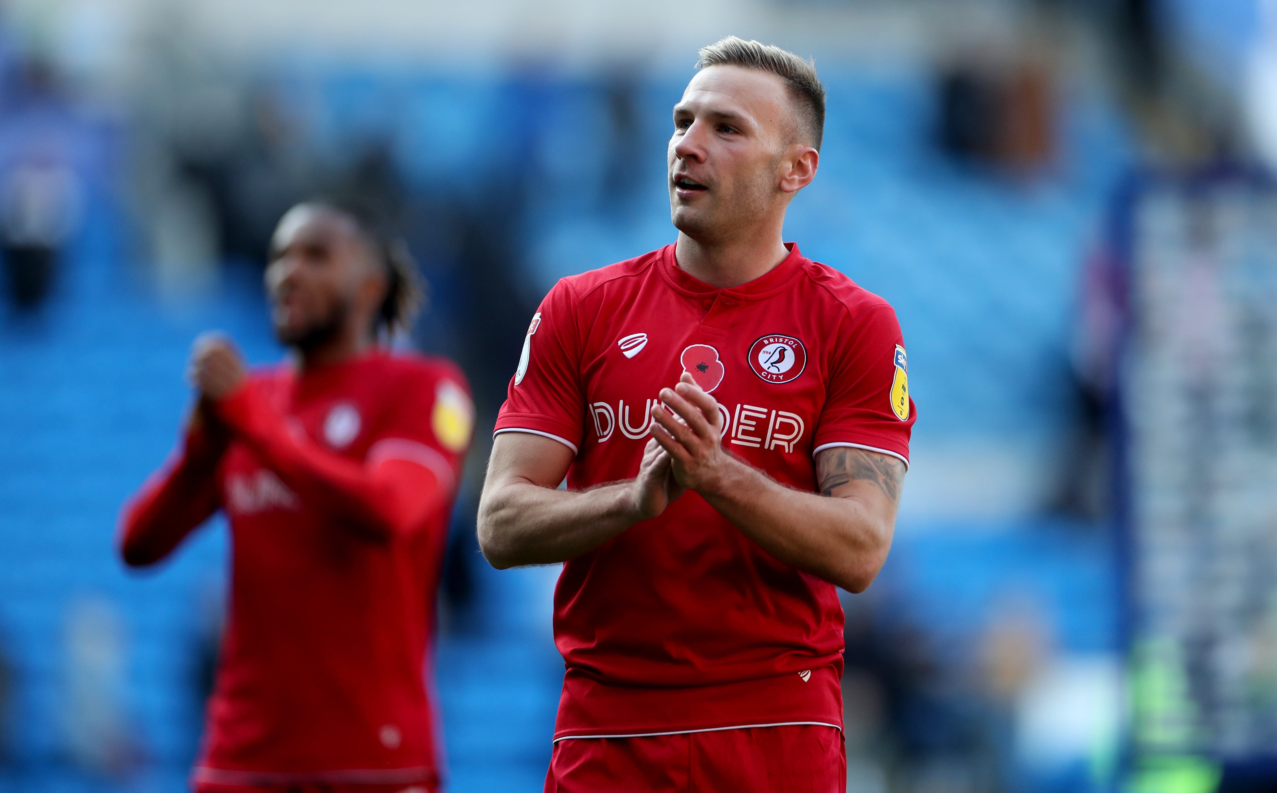 Bristol City’s Andreas Weimann applauds the fans at full time during the Sky Bet Championship match at the Cardiff City Stadium.