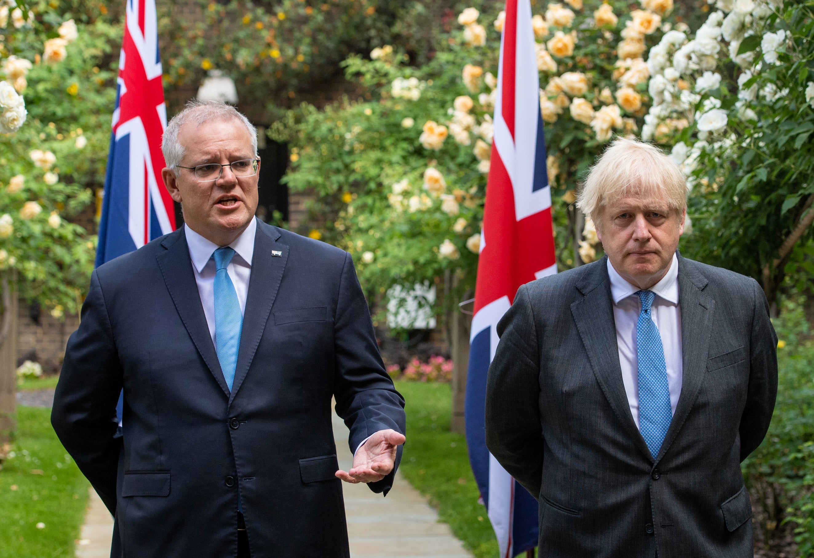 Boris Johnson looks on as Australia’s Prime Minister Scott Morrison speaks at No 10 on Tuesday