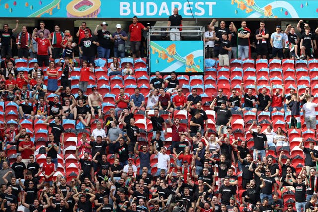 <p> Hungary fans show their support prior to kick-off at Puskas Arena</p>