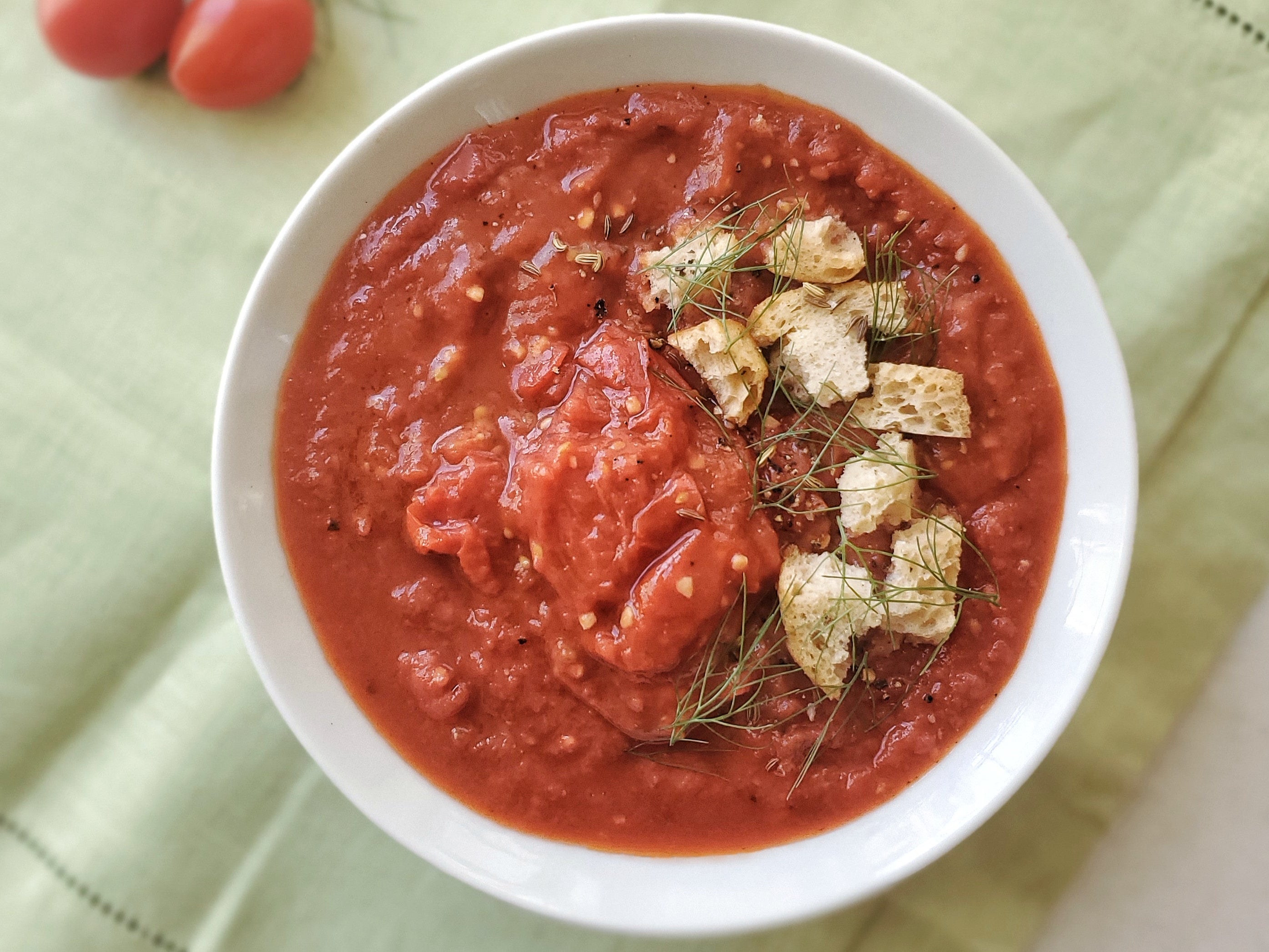 Cherry tomato and fennel soup with baguette croutons by Rachael Narins