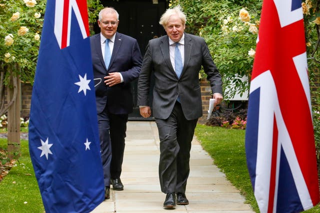 <p>Boris Johnson with Australia’s prime minister Scott Morrison at No 10 on Tuesday</p>