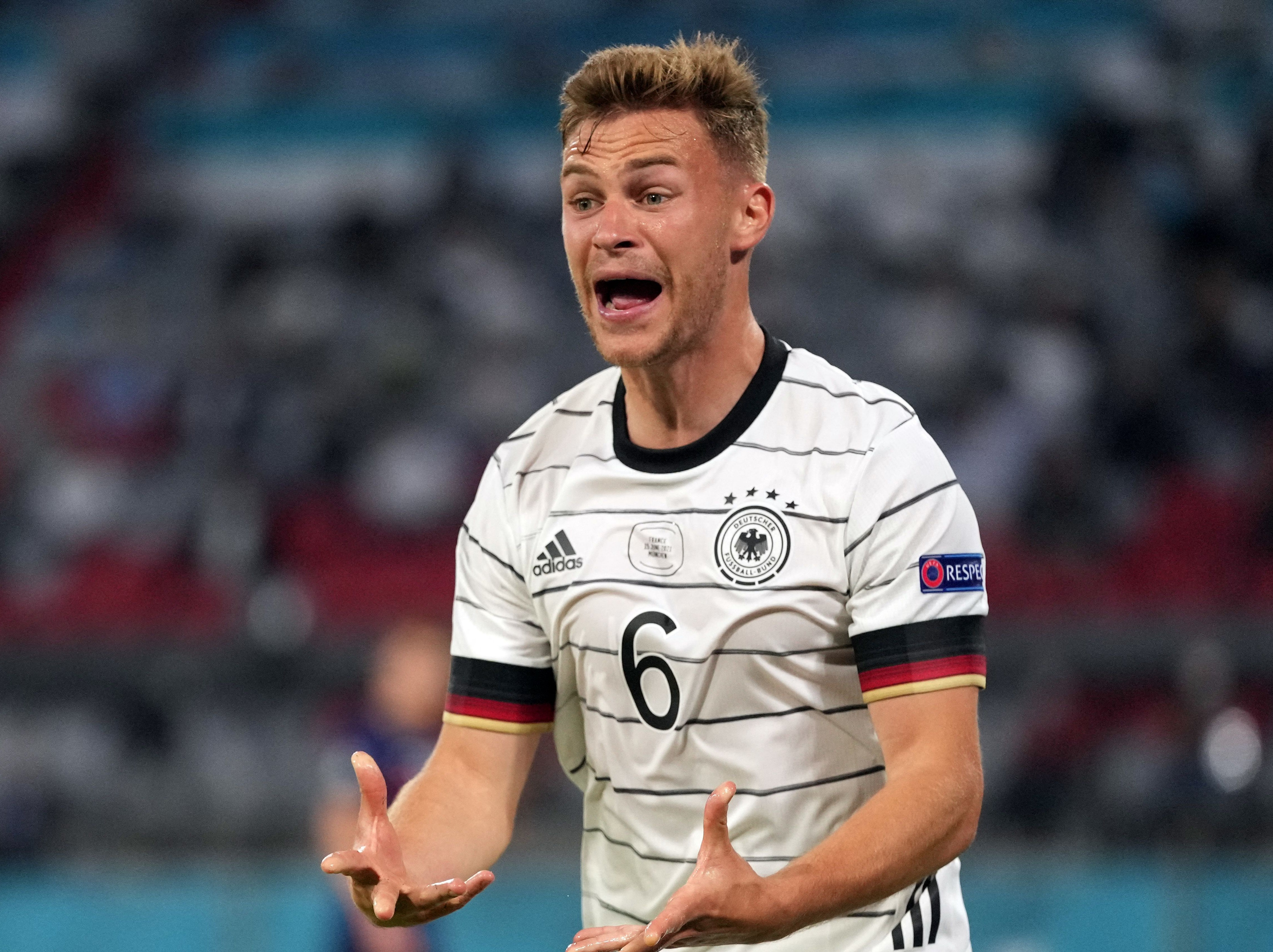 <p>A frustrated Joshua Kimmich during Germany’s defeat by France</p>