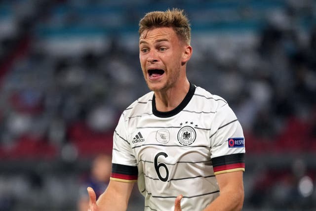 <p>A frustrated Joshua Kimmich during Germany’s defeat by France</p>