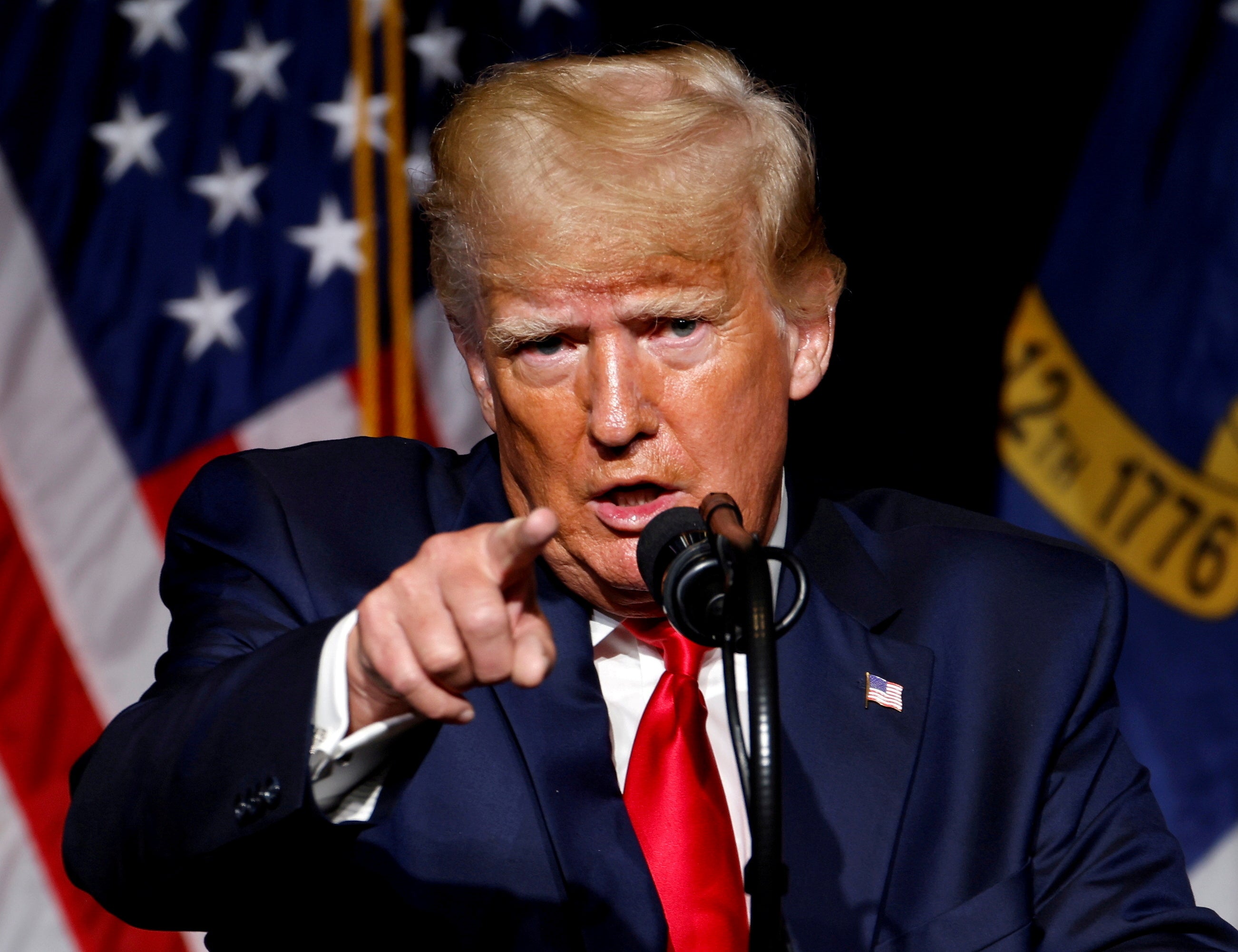 File image: Former US President Donald Trump points at the media while speaking at the North Carolina GOP convention dinner in Greenville, North Carolina, US, on 5 June, 2021