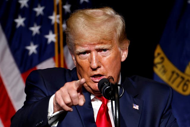 <p>File image: Former US President Donald Trump points at the media while speaking at the North Carolina GOP convention dinner in Greenville, North Carolina, US, on 5 June, 2021</p>