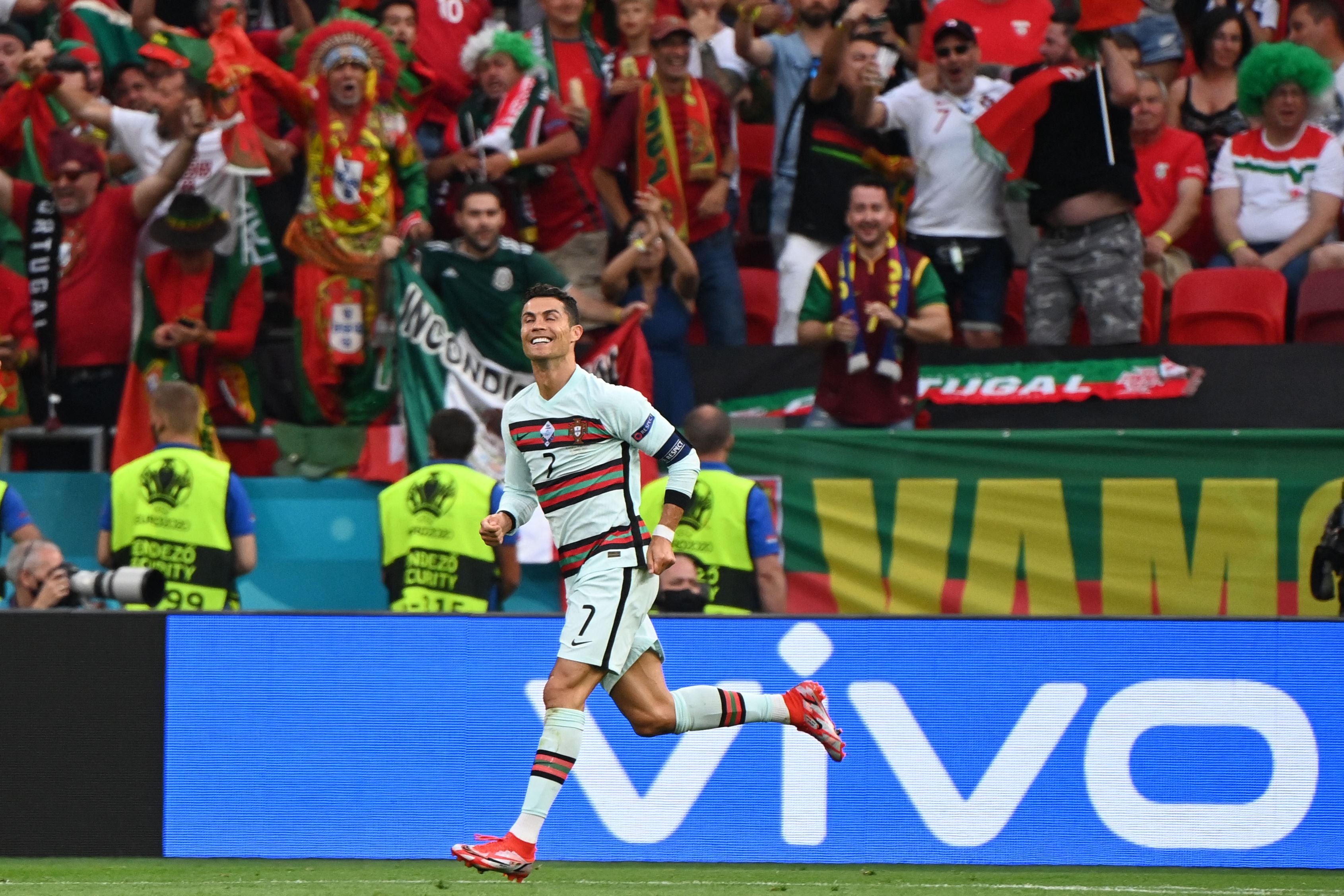 Cristiano Ronaldo celebrates scoring his second and Portugal’s third at the Puskas Arena in Budapest