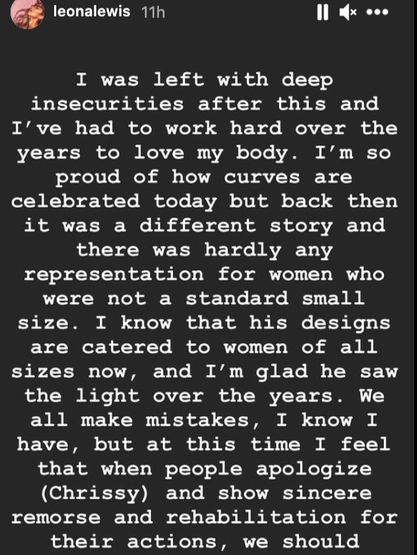 A screengrab of Leona Lewis’s Instagram story claiming designer Michael Costello ‘humiliated’ her