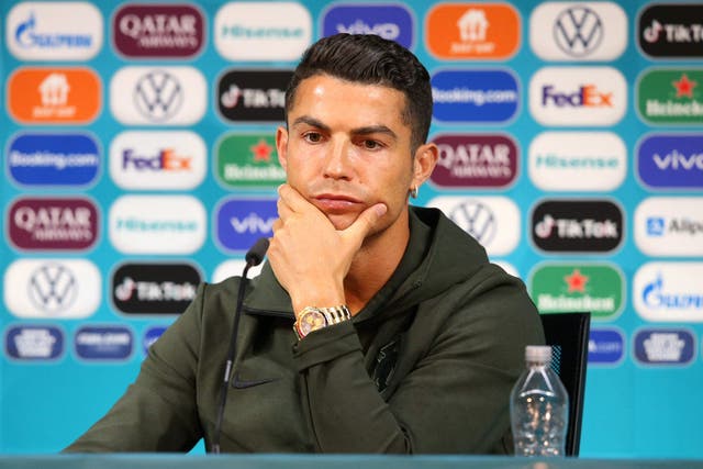 <p>Cristiano Ronaldo at the Puskas Arena in Budapest on the eve of the Euro 2020 football match between Hungary and Poland</p>