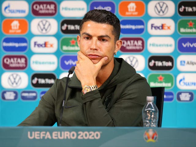 <p>Cristiano Ronaldo at the Puskas Arena in Budapest on the eve of the Euro 2020 football match between Hungary and Poland</p>