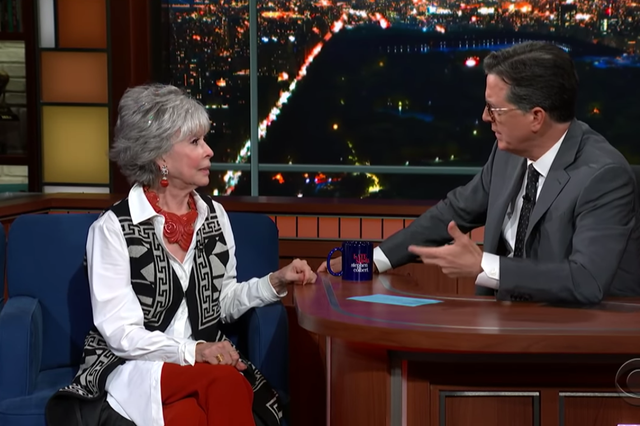 <p>Rita Moreno speaks with Stephen Colbert</p>