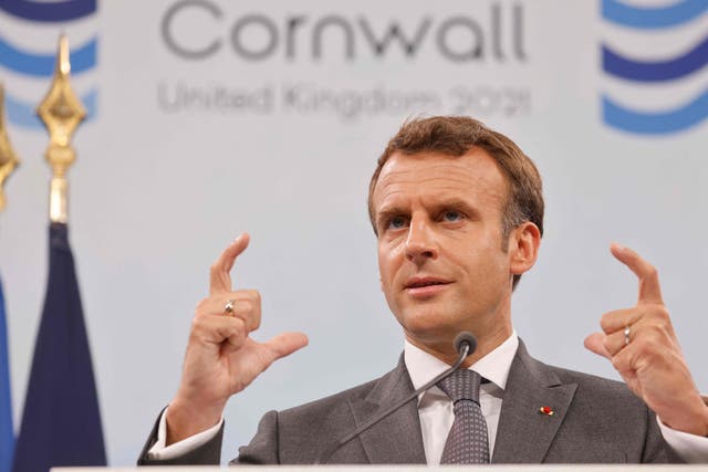 <p>France's President Emmanuel Macron takes part in a press conference on the final day of the G7 summit in Carbis Bay</p>