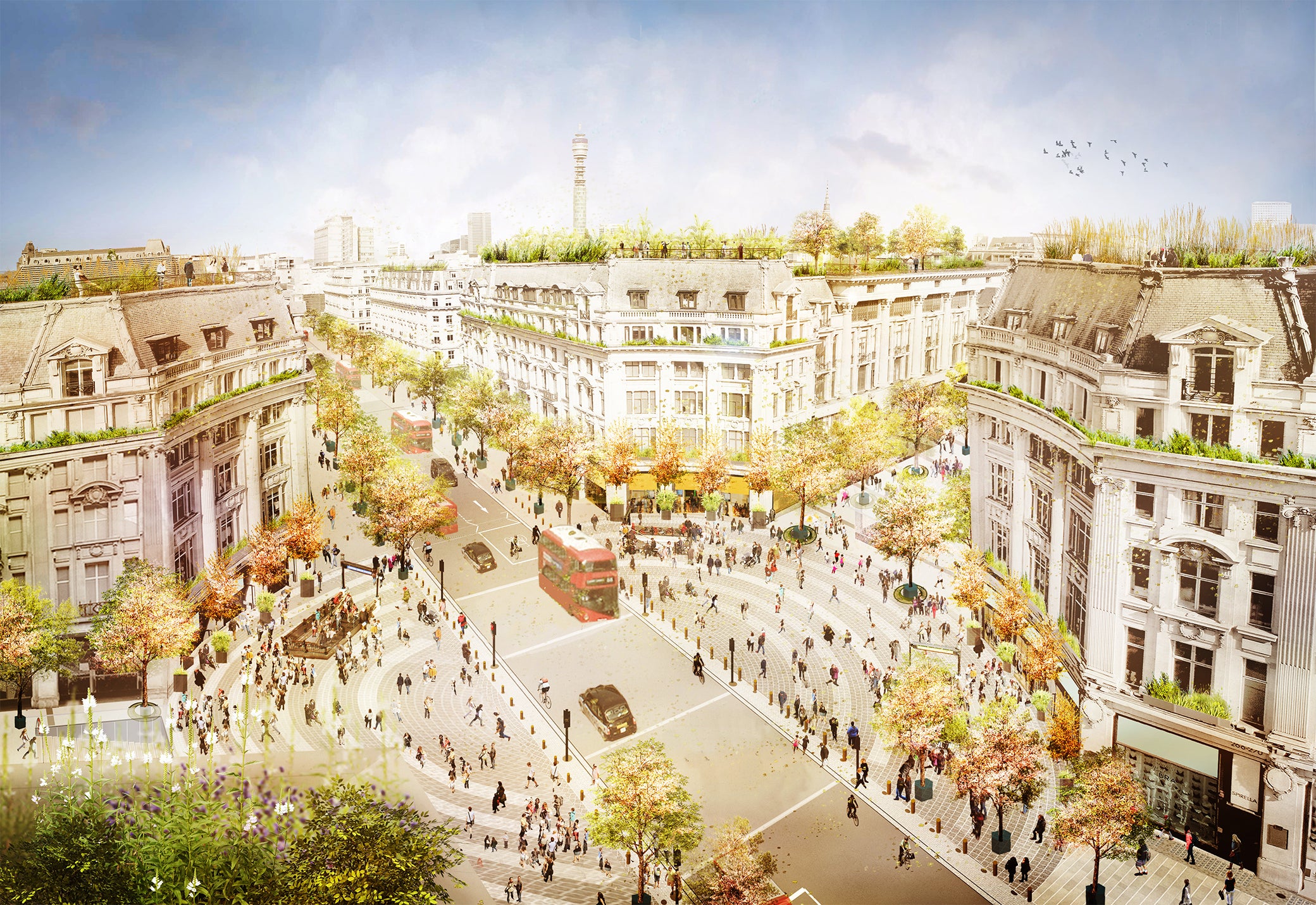 Artist impression showing future transformation of Oxford Circus with traffic continuing on Regent Street and two new piazzas on Oxford Street