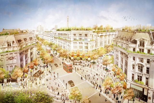 <p>Artist impression showing future transformation of Oxford Circus with traffic continuing on Regent Street and two new piazzas on Oxford Street</p>