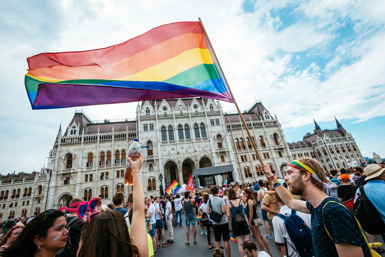 Thousands gather in Budapest as part of an of a rally in 2017 for LGBT+ rights