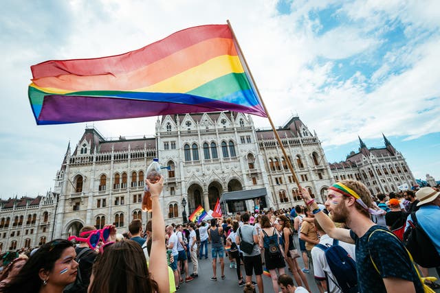 <p>Thousands gather in Budapest as part of an  of a rally in 2017 for LGBT+ rights</p>