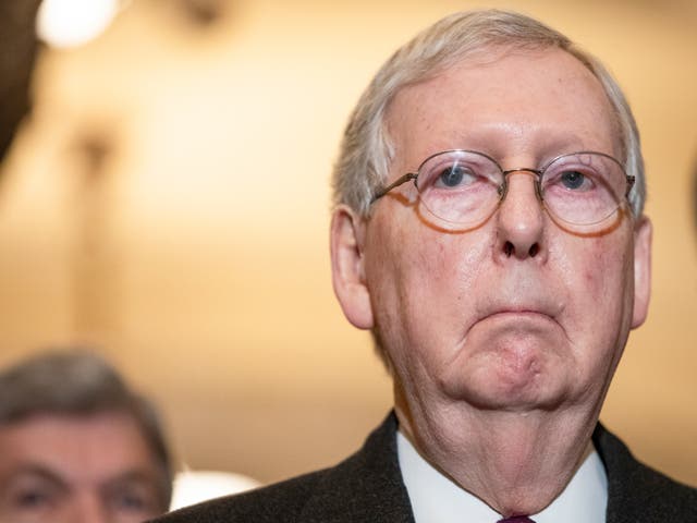 <p>Senate Majority Leader Mitch McConnell (R-KY) speaks to reporters following the Senate Republican policy luncheon which both President Donald Trump and Vice President Mike Pence attended on 10 March, 2020 in Washington, DC. The White House has used Mr McConnell’s state to highlight the need for US President Joe Biden’s infrastructure bill.</p>