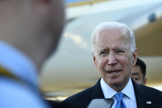 <p>US President Joe Biden speaks with press, preparing departing the airport, after the US-Russia summit in Geneva on June 16, 2021.</p>