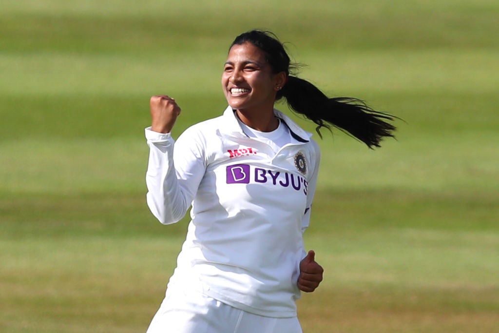 Sneh Rana of India celebrates a wicket on Day One in Bristol