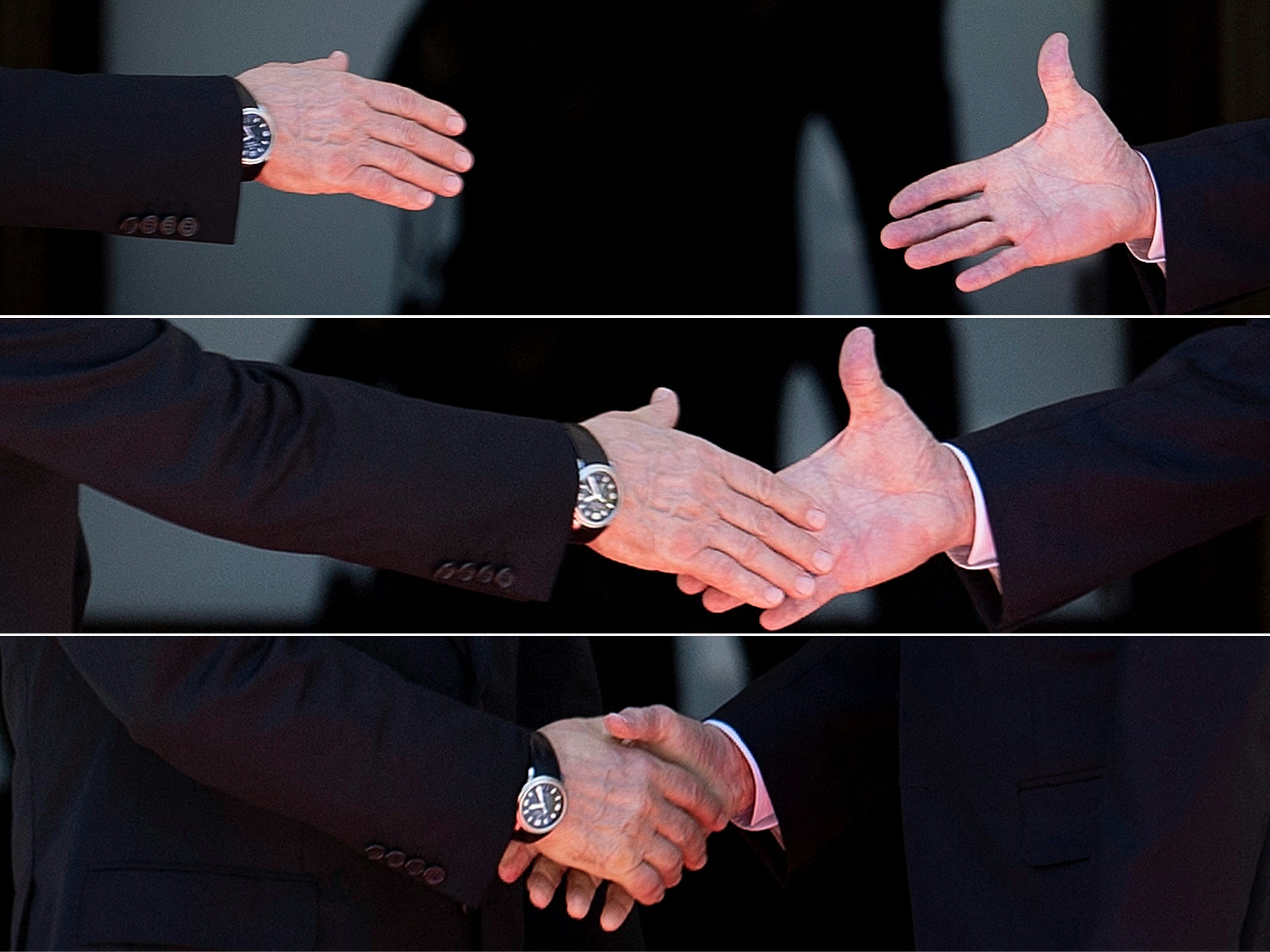 Russia’s president Vladimir Putin (left) and US president Joe Biden reaching out to shake hands before their meeting at Villa La Grange, Geneva