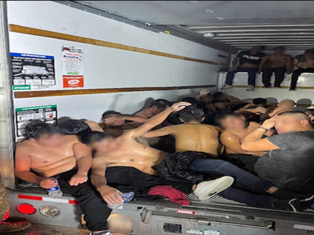 <p>A U-Haul truck carrying 33 migrant men in the cargo hold was found by US Border Patrol agents near Van Horn, Texas</p>