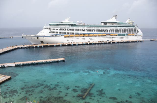 <p>El crucero de Royal Caribbean 'Adventure of the Seas', el primer crucero que llega a México desde el inicio de la pandemia Covid-19, permanece atracado en la isla de Cozumel, frente a las costas del estado mexicano de Quintana Roo, el 16 de junio. 2021.</p>