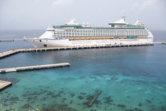 <p>El crucero de Royal Caribbean 'Adventure of the Seas', el primer crucero que llega a México desde el inicio de la pandemia Covid-19, permanece atracado en la isla de Cozumel, frente a las costas del estado mexicano de Quintana Roo, el 16 de junio. 2021.</p>