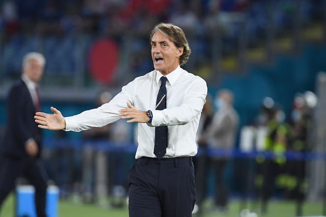 <p>Roberto Mancini gestures on the touchline</p>