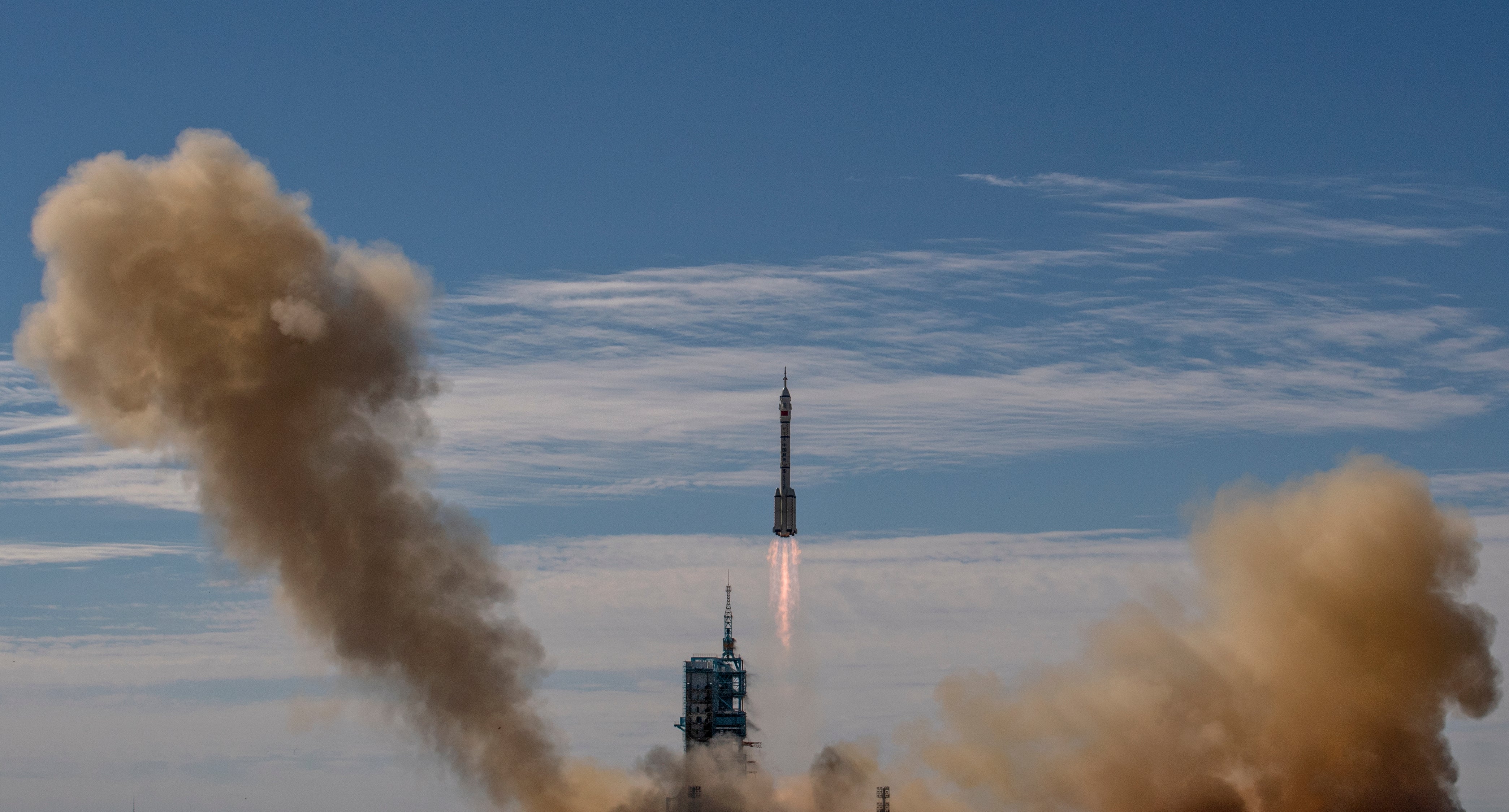 Shenzhou-12 spacecraft from China’s Manned Space Agency onboard the Long March-2F rocket launches with three Chinese astronauts onboard at the Jiuquan Satellite Launch Center on 17 June, 2021, in Jiuquan, Gansu province, China