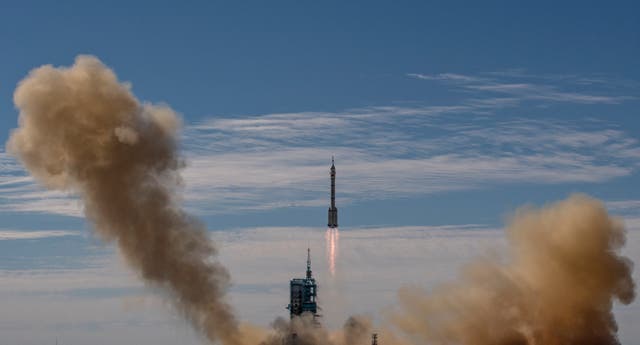 <p>Shenzhou-12 spacecraft from China’s Manned Space Agency onboard the Long March-2F rocket launches with three Chinese astronauts onboard at the Jiuquan Satellite Launch Center on 17 June, 2021, in Jiuquan, Gansu province, China</p>