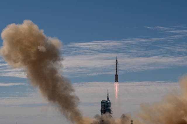 <p>Shenzhou-12 spacecraft from China’s Manned Space Agency onboard the Long March-2F rocket launches with three Chinese astronauts onboard at the Jiuquan Satellite Launch Center on 17 June, 2021, in Jiuquan, Gansu province, China</p>