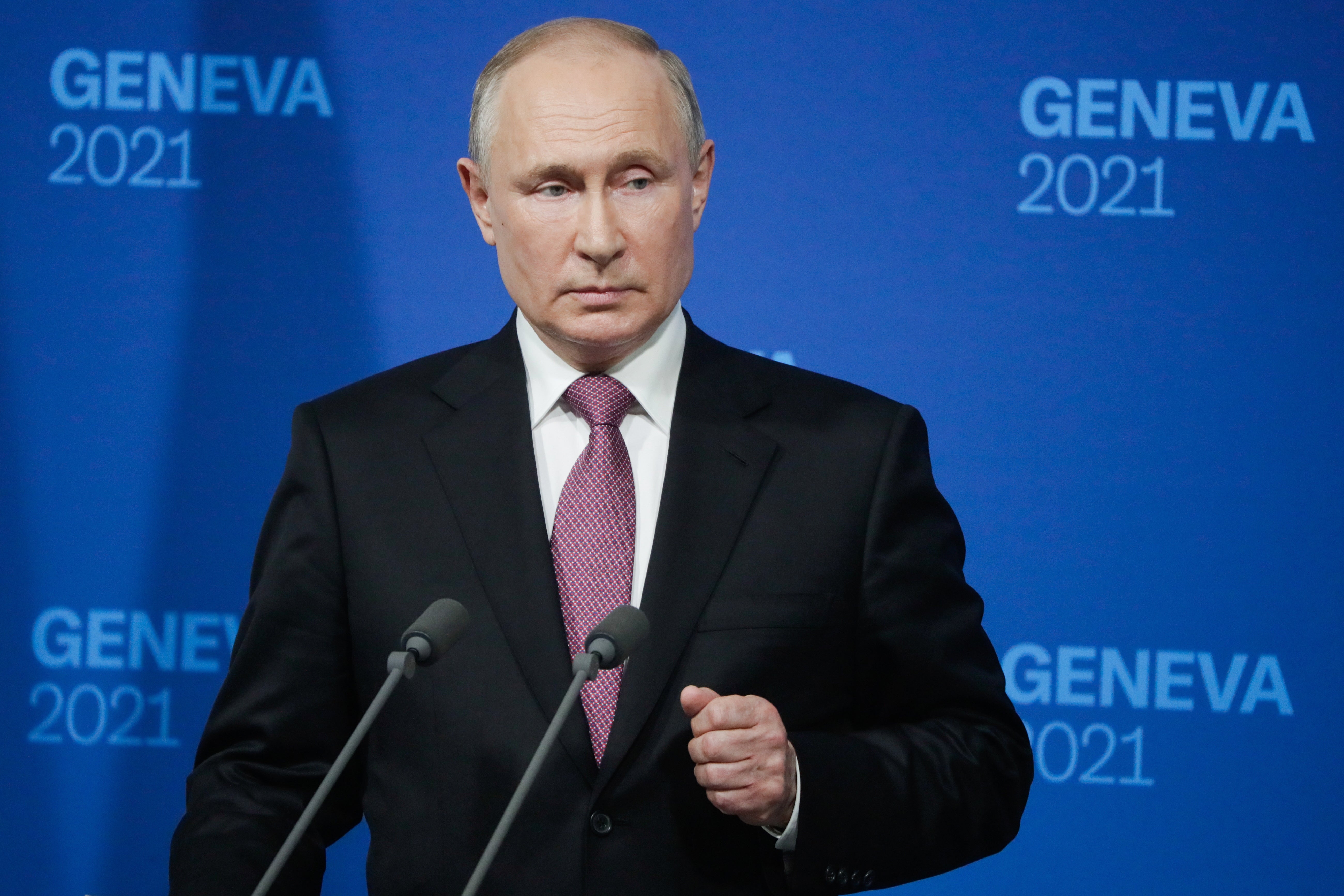 Russian President Vladimir Putin holds a news conference after the US-Russia summit between himself and President Joe Biden at the Villa La Grange, in Geneva