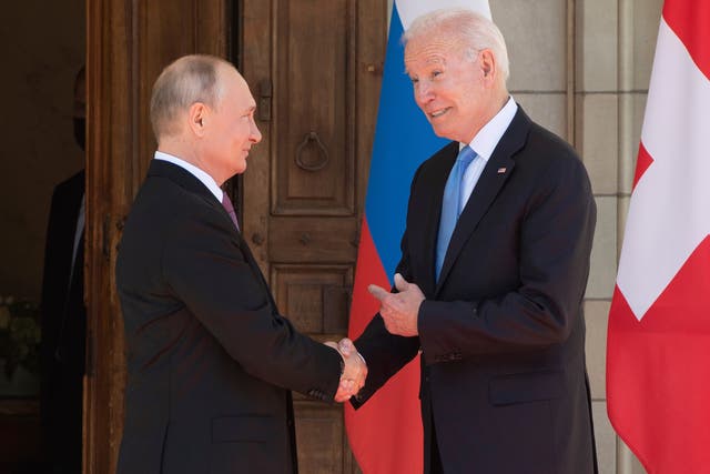 <p>Vladimir Putin meets with Joe Biden in Geneva on Wednesday</p>