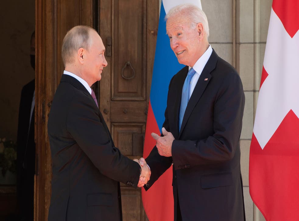 <p>Vladimir Putin meets with Joe Biden in Geneva on Wednesday</p>