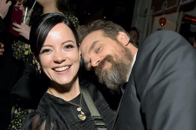 <p>David Harbour and Lily Allen at the 2020 Netflix SAG after party</p>